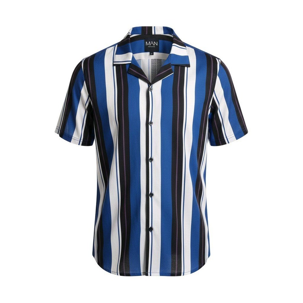 boohooMAN Mens Short Sleeve Vertical Stripe Camp Collar Shirt Blue White Black M